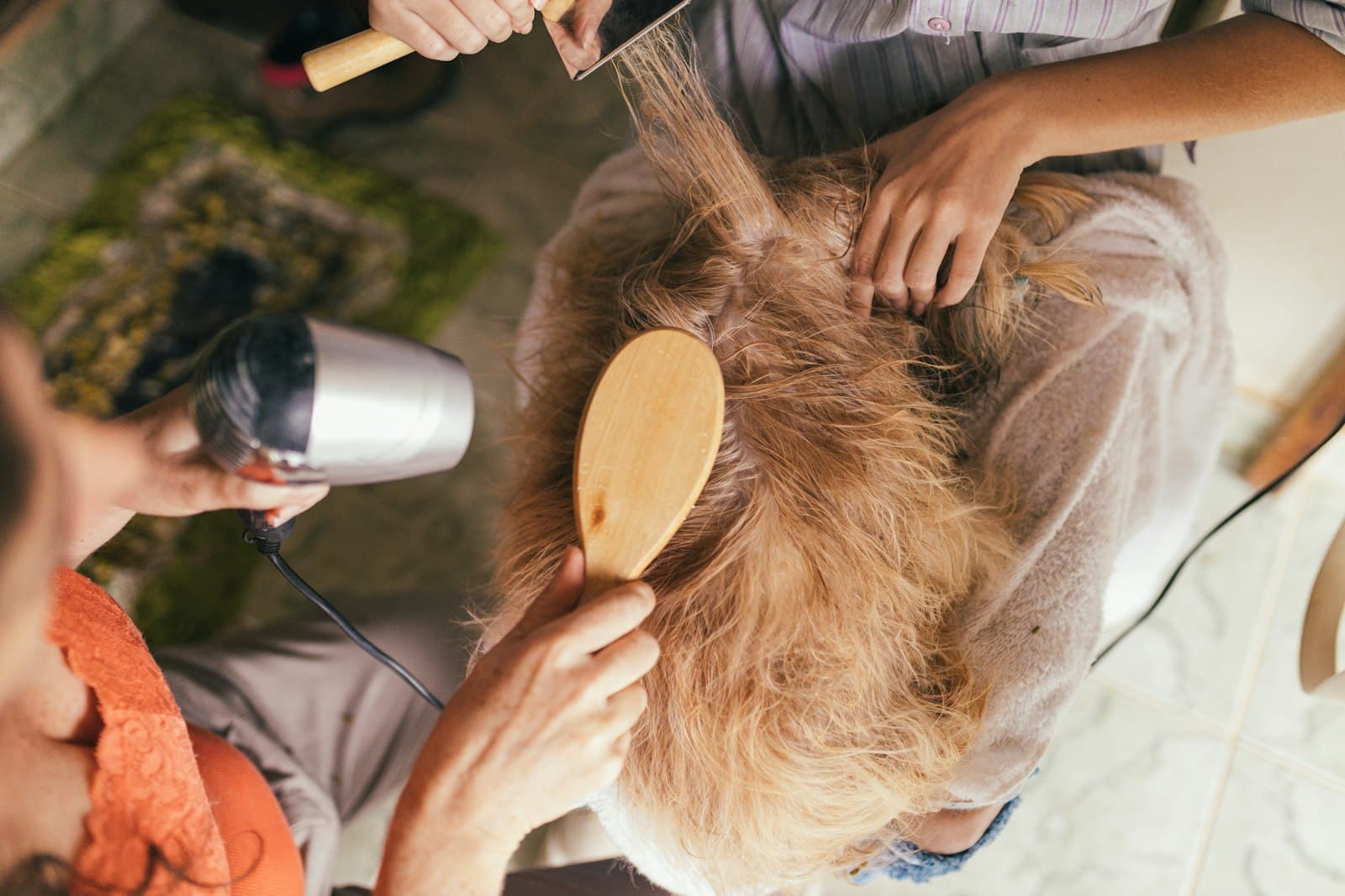 Wooden brush and dryer working through a long coat